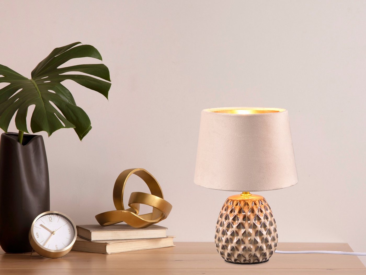 Reality Leuchten LED Tischleuchte mit Keramikfuß & Samtschirm, Höhe 27cm, dimmbar, LED wechselbar, warmweiß, kleine Retro Nachttisch-lampe für Fensterbank, inkl – Bild 3 von 5