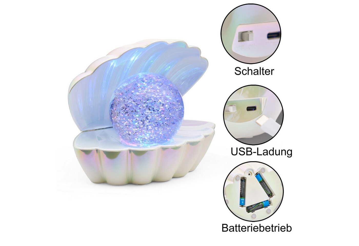 Reality Leuchten LED Tischleuchte SHELLY, Deko Tischlampe in Muschelform mit RGB Farbwechsel, 0,8W 15Lm, Ein-/Ausschalter, Farbwechsel, USB-Ladefunktion, LED fe – Bild 2 von 5