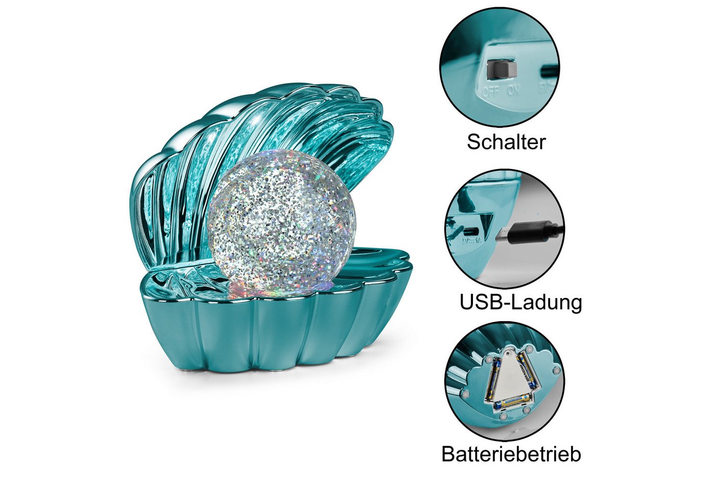 Reality Leuchten LED Tischleuchte SHELLY, Deko Tischlampe in Muschelform mit RGB Farbwechsel, 0,8W 15Lm, Ein-/Ausschalter, Farbwechsel, USB-Ladefunktion, LED fe – Bild 2 von 5