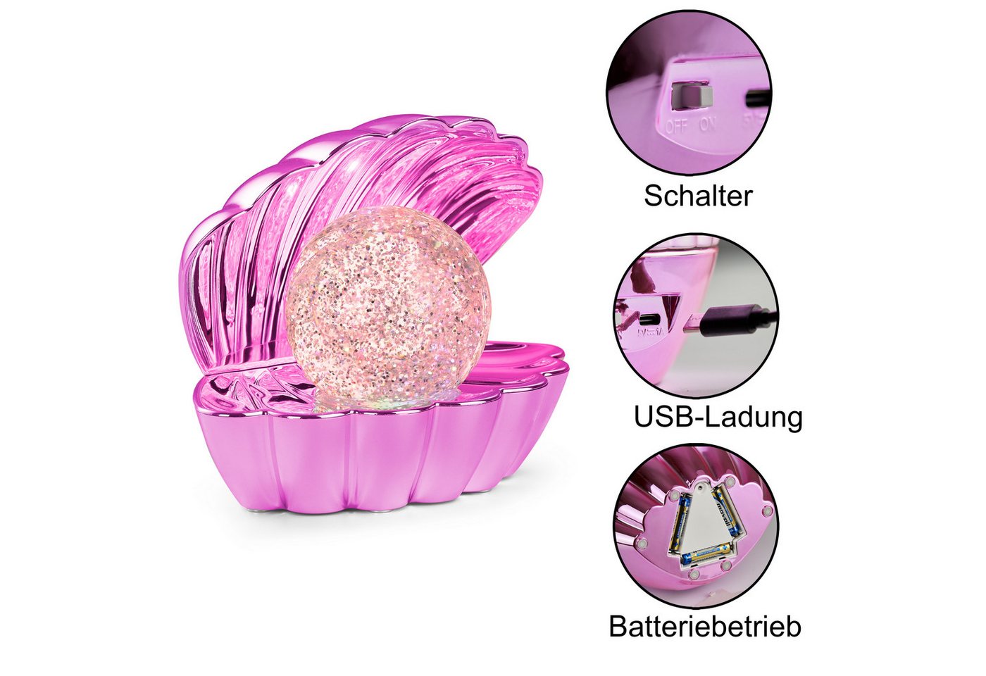 Reality Leuchten LED Tischleuchte SHELLY, Deko Tischlampe in Muschelform mit RGB Farbwechsel, 0,8W 15Lm, Ein-/Ausschalter, Farbwechsel, USB-Ladefunktion, LED fe – Bild 2 von 5