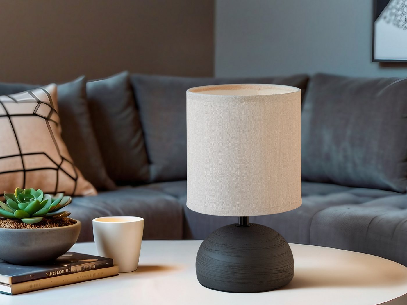 Reality Leuchten Nachttischlampe, Dimmfunktion, LED wechselbar, Warmweiß, kleine dimmbar-e Fensterlampe mit Stoff Lampenschirm Beige, Höhe 23cm – Bild 2 von 5