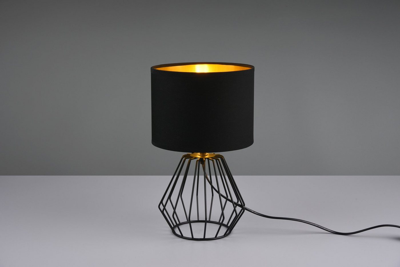 Reality Leuchten Schreibtischlampe Chuck, ohne Leuchtmittel, Leuchtmittel wechselbar, Warmweiß, Fuß in Gitter-Optik, Schirm schwarz-gold Kombi, Höhe 37cm / Ø 20 – Bild 2 von 5