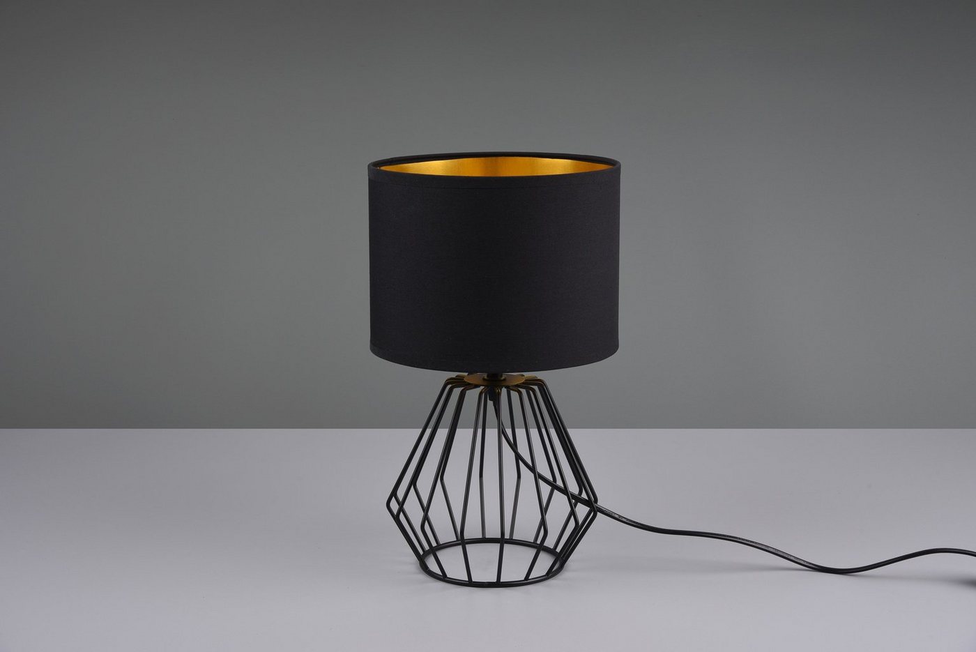 Reality Leuchten Schreibtischlampe Chuck, ohne Leuchtmittel, Leuchtmittel wechselbar, Warmweiß, Fuß in Gitter-Optik, Schirm schwarz-gold Kombi, Höhe 37cm / Ø 20 – Bild 3 von 5