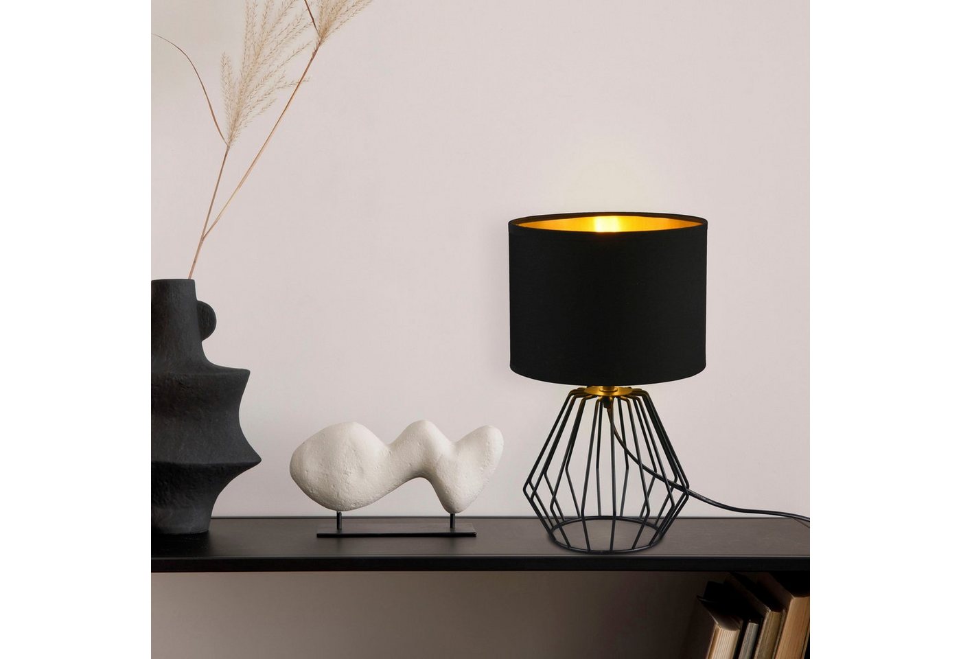 Reality Leuchten Schreibtischlampe Chuck, ohne Leuchtmittel, Leuchtmittel wechselbar, Warmweiß, Fuß in Gitter-Optik, Schirm schwarz-gold Kombi, Höhe 37cm / Ø 20 – Bild 4 von 5