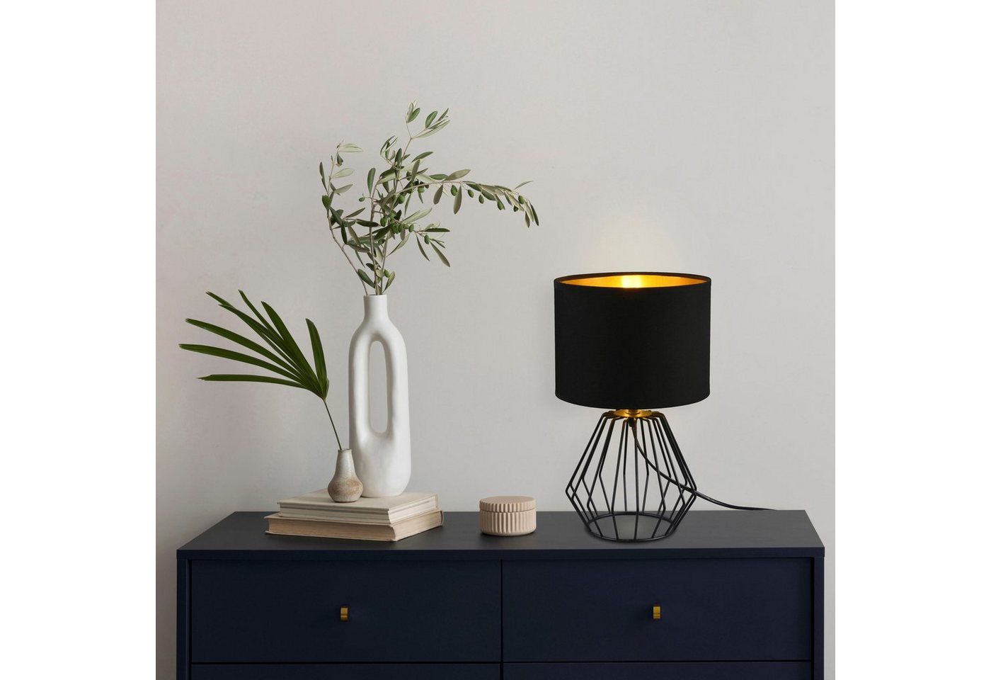 Reality Leuchten Schreibtischlampe Chuck, ohne Leuchtmittel, Leuchtmittel wechselbar, Warmweiß, Fuß in Gitter-Optik, Schirm schwarz-gold Kombi, Höhe 37cm / Ø 20 – Bild 5 von 5