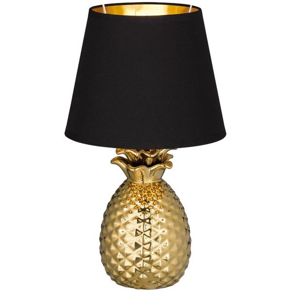 Reality Leuchten Schreibtischlampe Pineapple, ohne Leuchtmittel, Ananas Form gold, Stoffschirm schwarz/gold, Leuchtmittel wechselbar