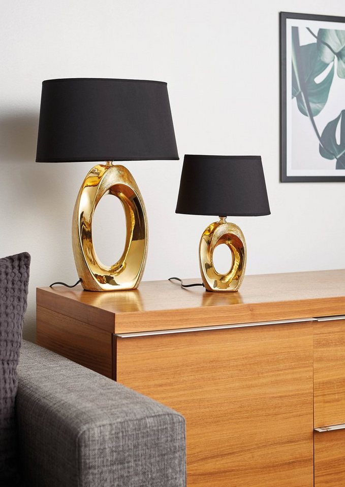 Reality Leuchten Schreibtischlampe Taba, ohne Leuchtmittel, Nachttischlampe, Tischlampe golfarbig, Stoffschirm in schwarz/gold – Bild 3 von 5