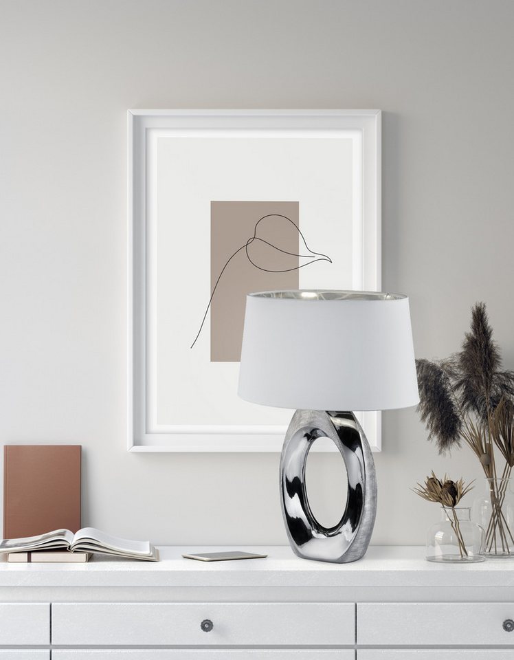 Reality Leuchten Schreibtischlampe Taba, E27 Tischleuchte mit Keramikfuß und weiß-silberfarbigem Stoffschirm – Bild 2 von 5