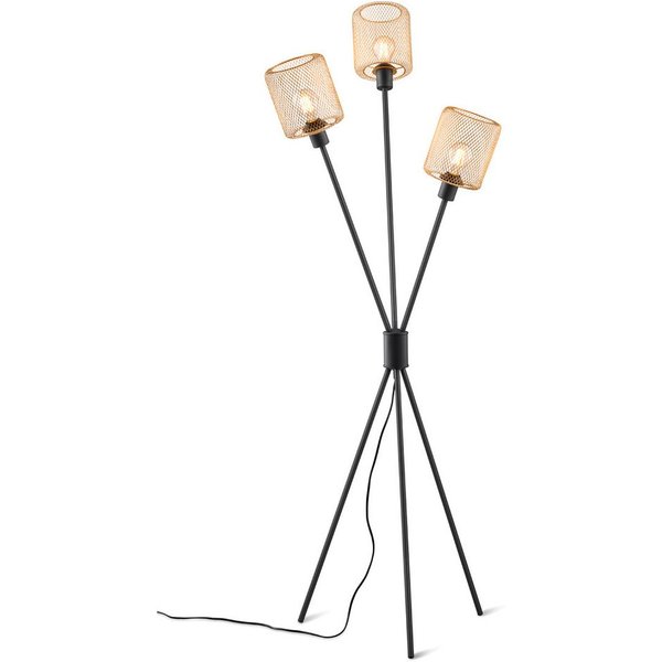 Reality Leuchten Stehlampe Dreibein, Metall Schwarz Gold, H: 159cm, ohne Leuchtmittel, drei Lampenschirme Drahtgestell Gold-Farben