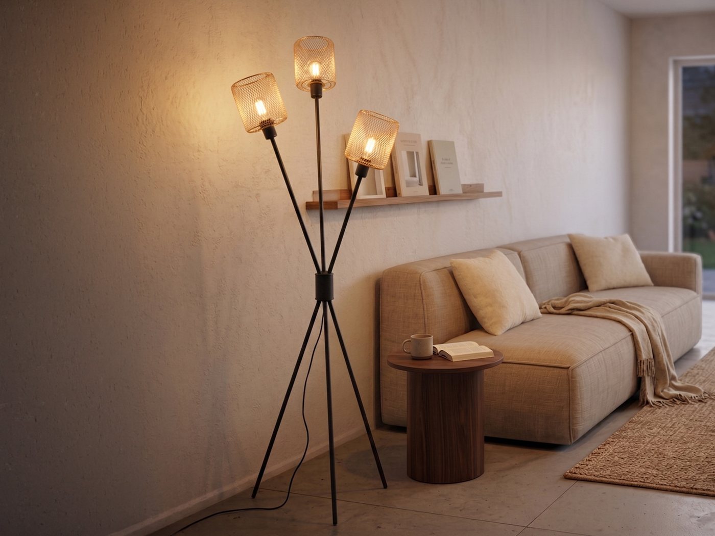 Reality Leuchten Stehlampe Dreibein, Metall Schwarz Gold, H: 159cm, ohne Leuchtmittel, drei Lampenschirme Drahtgestell Gold-Farben – Bild 2 von 5