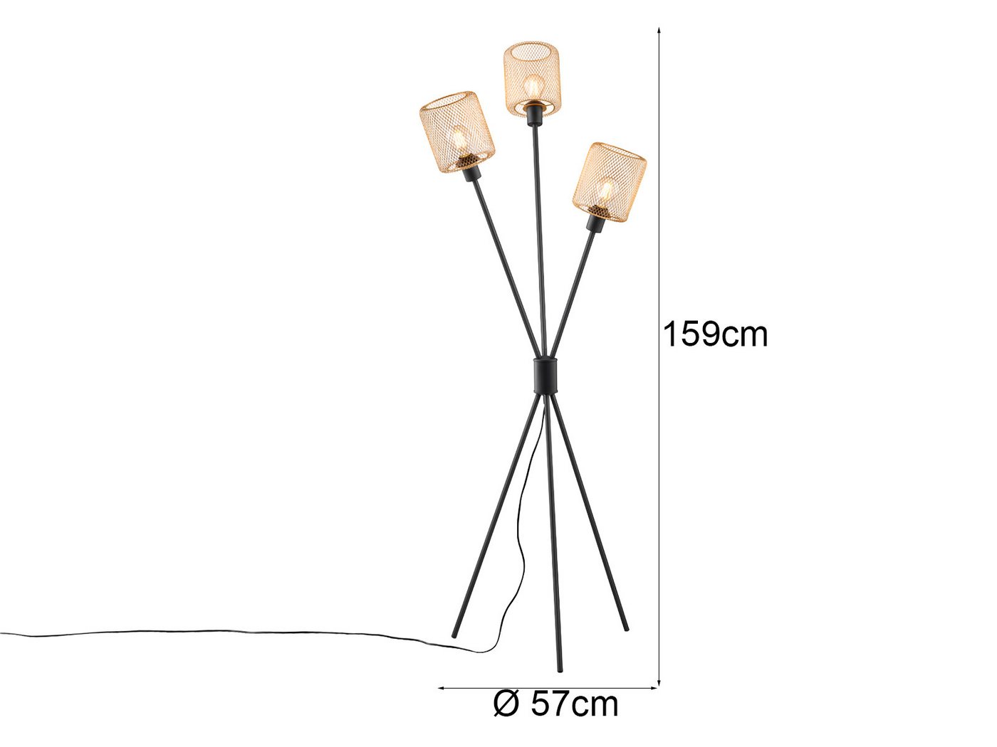 Reality Leuchten Stehlampe Dreibein, Metall Schwarz Gold, H: 159cm, ohne Leuchtmittel, drei Lampenschirme Drahtgestell Gold-Farben – Bild 4 von 5