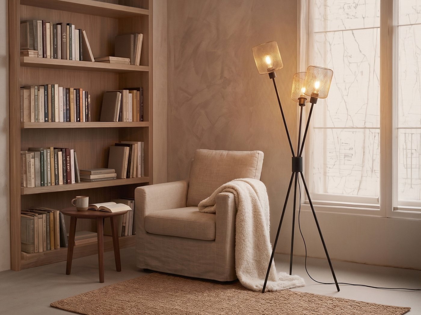 Reality Leuchten Stehlampe Dreibein, Metall Schwarz Gold, H: 159cm, ohne Leuchtmittel, drei Lampenschirme Drahtgestell Gold-Farben – Bild 5 von 5