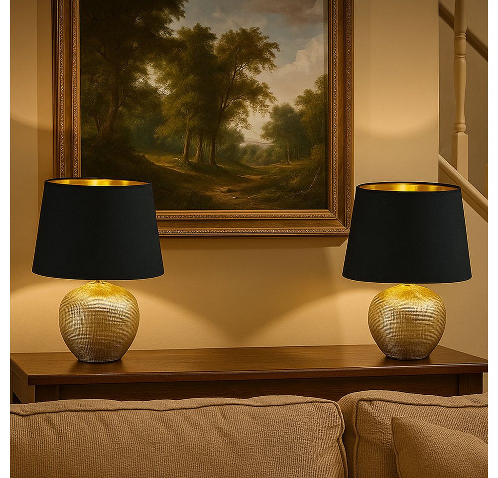 Reality Leuchten Tischleuchte, Leuchtmittel nicht inklusive, Tischleuchte Tischlampe Nachtlampe, Keramik Textil, Gold-Schwarz, 1x – Bild 4 von 5