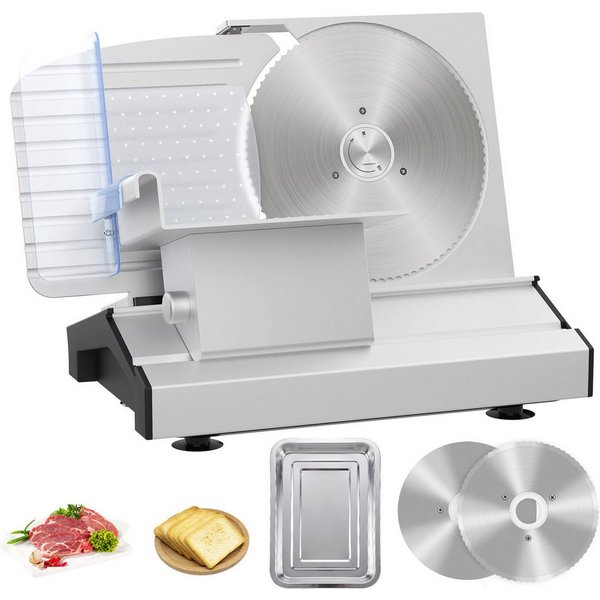 Rebonique Allesschneider 220W, 20 mm, 2 x 22 cm Edelstahlmesser, mit Edelstahltablett, 220 W, abnehmbare Edelstahlmesser, glatt & gezahnt, 85–90 U/min