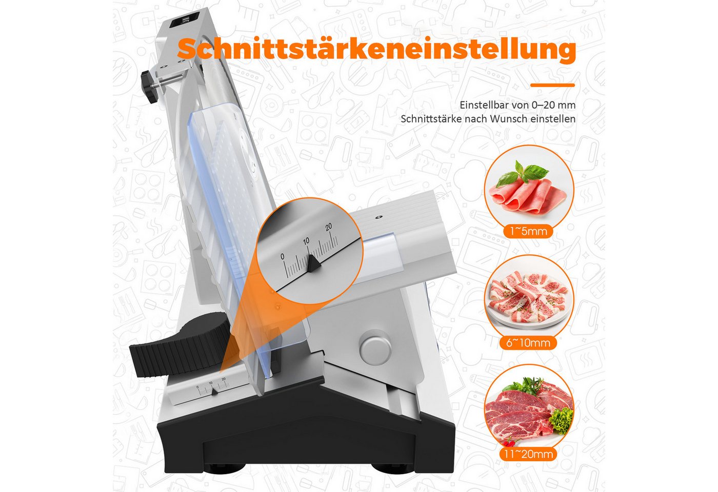 Rebonique Allesschneider 220W, 20 mm, 2 x 22 cm Edelstahlmesser, mit Edelstahltablett, 220 W, abnehmbare Edelstahlmesser, glatt & gezahnt, 85–90 U/min – Bild 2 von 5