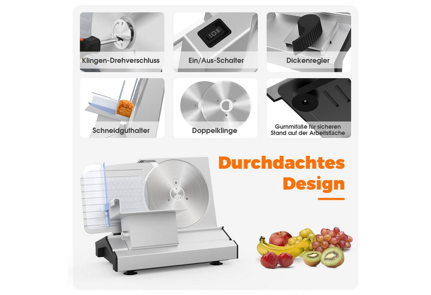 Rebonique Allesschneider 220W, 20 mm, 2 x 22 cm Edelstahlmesser, mit Edelstahltablett, 220 W, abnehmbare Edelstahlmesser, glatt & gezahnt, 85–90 U/min – Bild 5 von 5