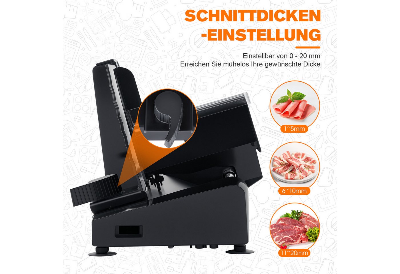Rebonique Allesschneider 220W, 20 mm Schnittstärke, 2 x 19 cm Edelstahlmesser, glatt & gezahnt, 220 W, abnehmbare Edelstahlmesser, 85–90 U/min, 4 rutschfeste St – Bild 2 von 5
