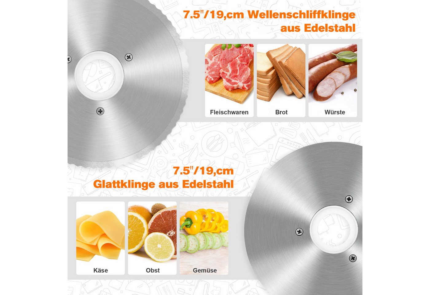 Rebonique Allesschneider 220W, 20 mm Schnittstärke, 2 x 19 cm Edelstahlmesser, glatt & gezahnt, 220 W, abnehmbare Edelstahlmesser, 85–90 U/min, 4 rutschfeste St – Bild 3 von 5