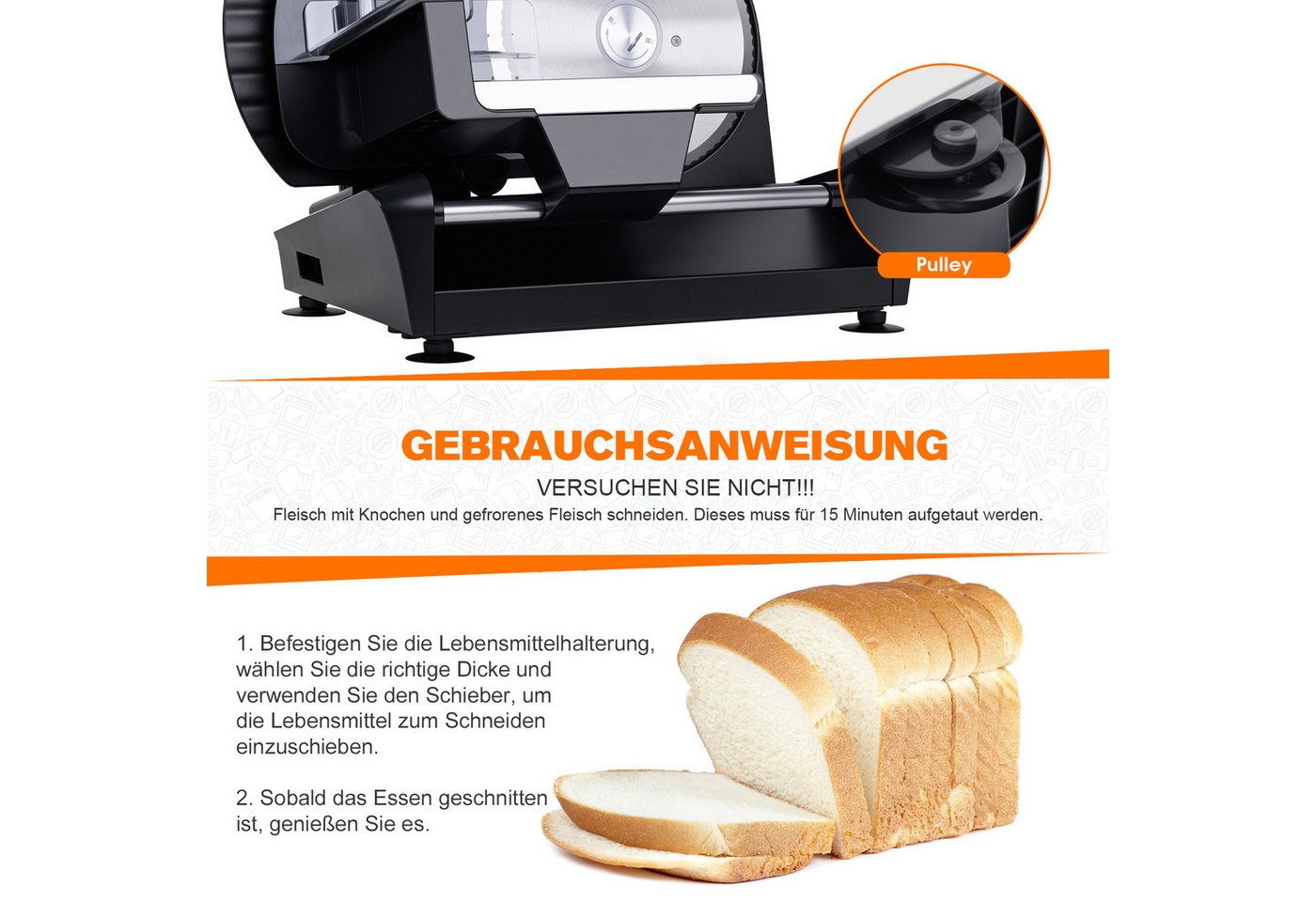 Rebonique Allesschneider 220W, 20 mm Schnittstärke, 2 x 19 cm Edelstahlmesser, glatt & gezahnt, 220 W, abnehmbare Edelstahlmesser, 85–90 U/min, 4 rutschfeste St – Bild 4 von 5