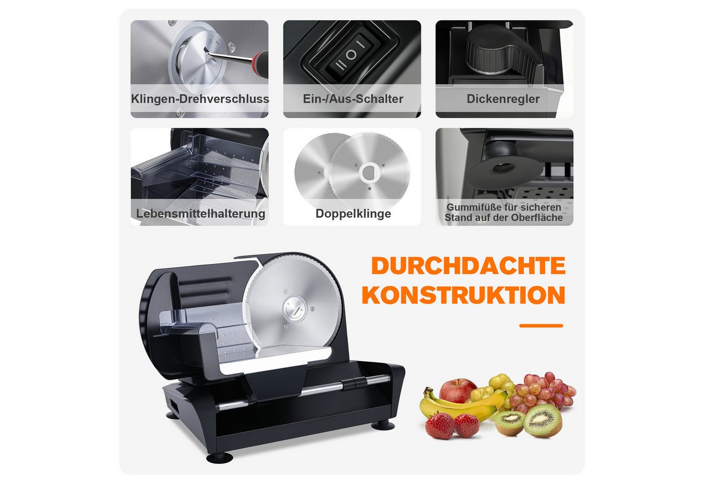 Rebonique Allesschneider 220W, 20 mm Schnittstärke, 2 x 19 cm Edelstahlmesser, glatt & gezahnt, 220 W, abnehmbare Edelstahlmesser, 85–90 U/min, 4 rutschfeste St – Bild 5 von 5