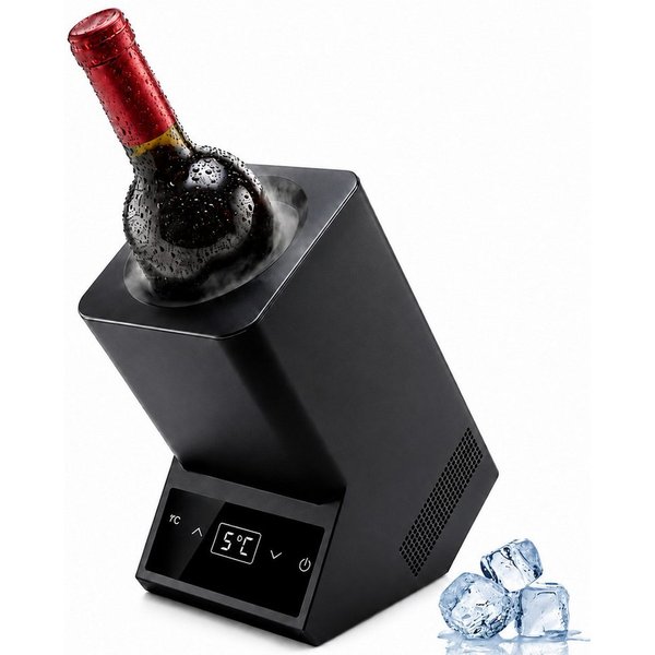 Rebonique Elektrischer Weinkühler 1 Flasche, 5–18 °C, 750 ml, eisfrei, Touch-Bedienung & LED, 19 cm Innenraumtiefe, 9,2 cm Ø, 25,6 × 25,3 × 12,8 cm