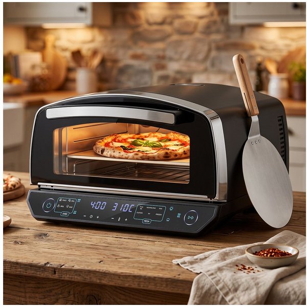 Rebonique Pizzaofen 13" bis 450°C, 2200W mit 6 Programmen, 4 Modi & Pizzastein, Separate Ober-/Unterhitze, Innenbeleuchtung, LED-Anzeige,Expertenmodus