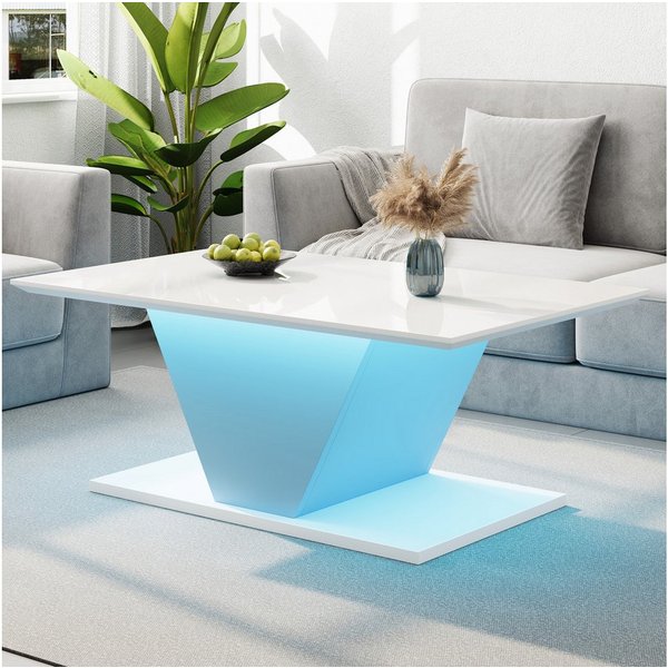 REDOM Couchtisch Hochglanzoberfläche, V-Design (Wohnzimmertisch, Beistelltisch, 1-St., 100*50*46cm), hochglänzende Kaffeetish mit LED-Leuchten
