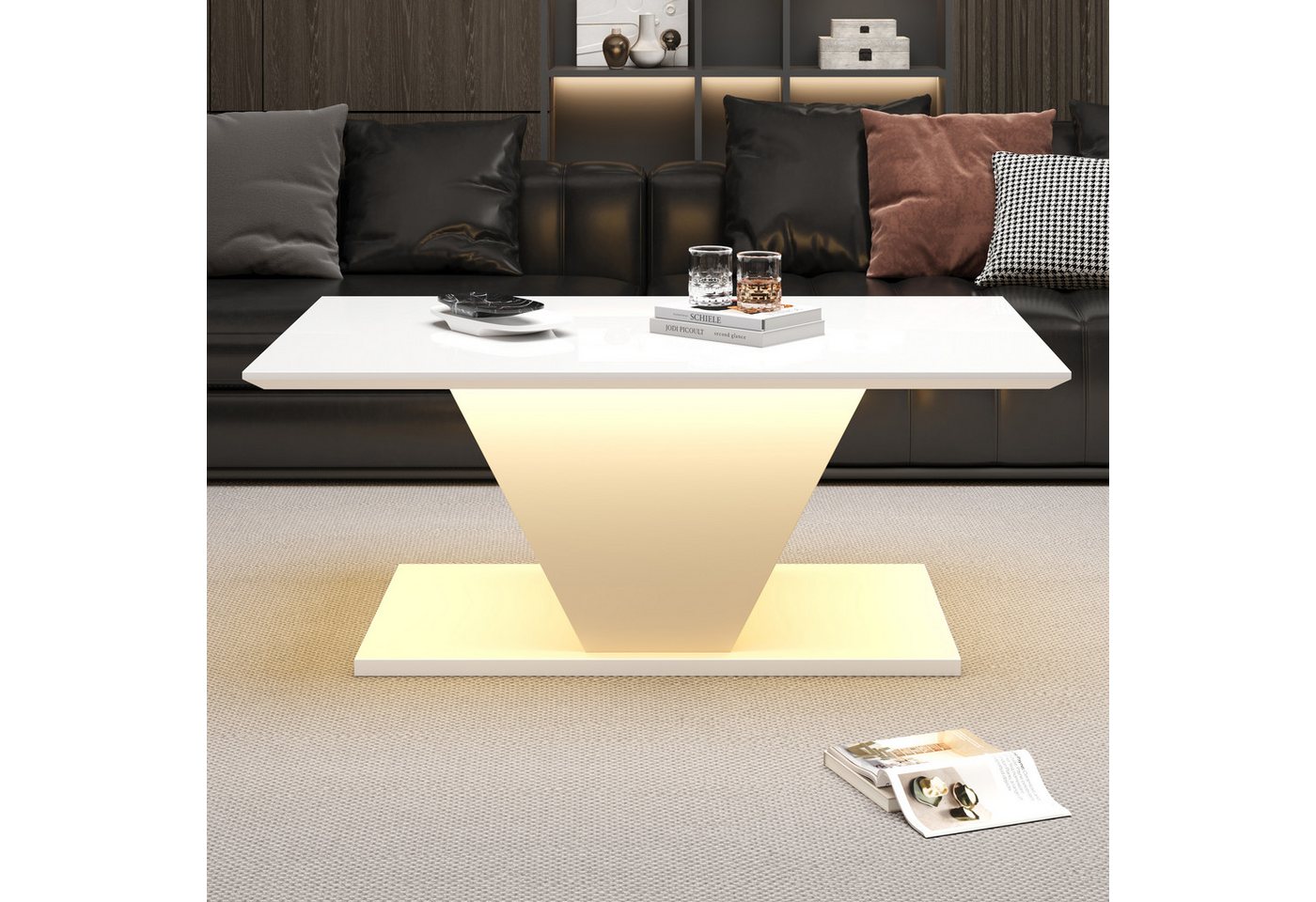 REDOM Couchtisch Hochglanzoberfläche, V-Design (Wohnzimmertisch, Beistelltisch, 1-St., 100*50*46cm), hochglänzende Kaffeetish mit LED-Leuchten – Bild 2 von 5