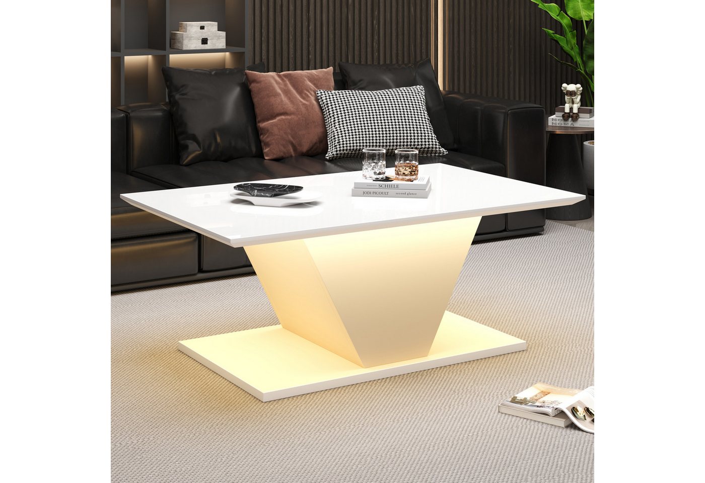 REDOM Couchtisch Hochglanzoberfläche, V-Design (Wohnzimmertisch, Beistelltisch, 1-St., 100*50*46cm), hochglänzende Kaffeetish mit LED-Leuchten – Bild 3 von 5