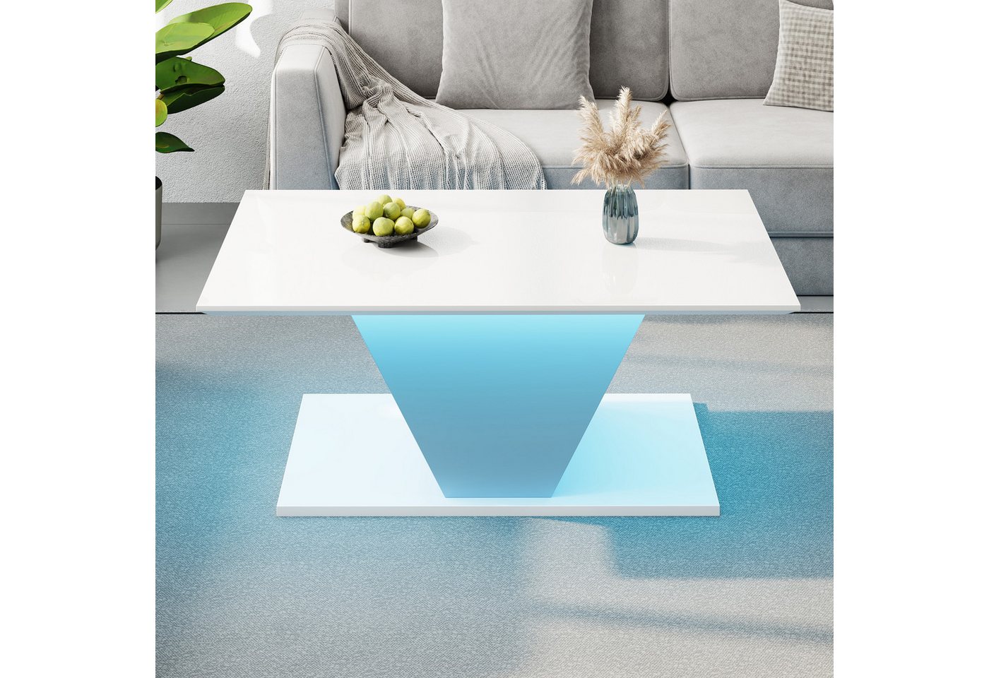 REDOM Couchtisch Hochglanzoberfläche, V-Design (Wohnzimmertisch, Beistelltisch, 1-St., 100*50*46cm), hochglänzende Kaffeetish mit LED-Leuchten – Bild 4 von 5