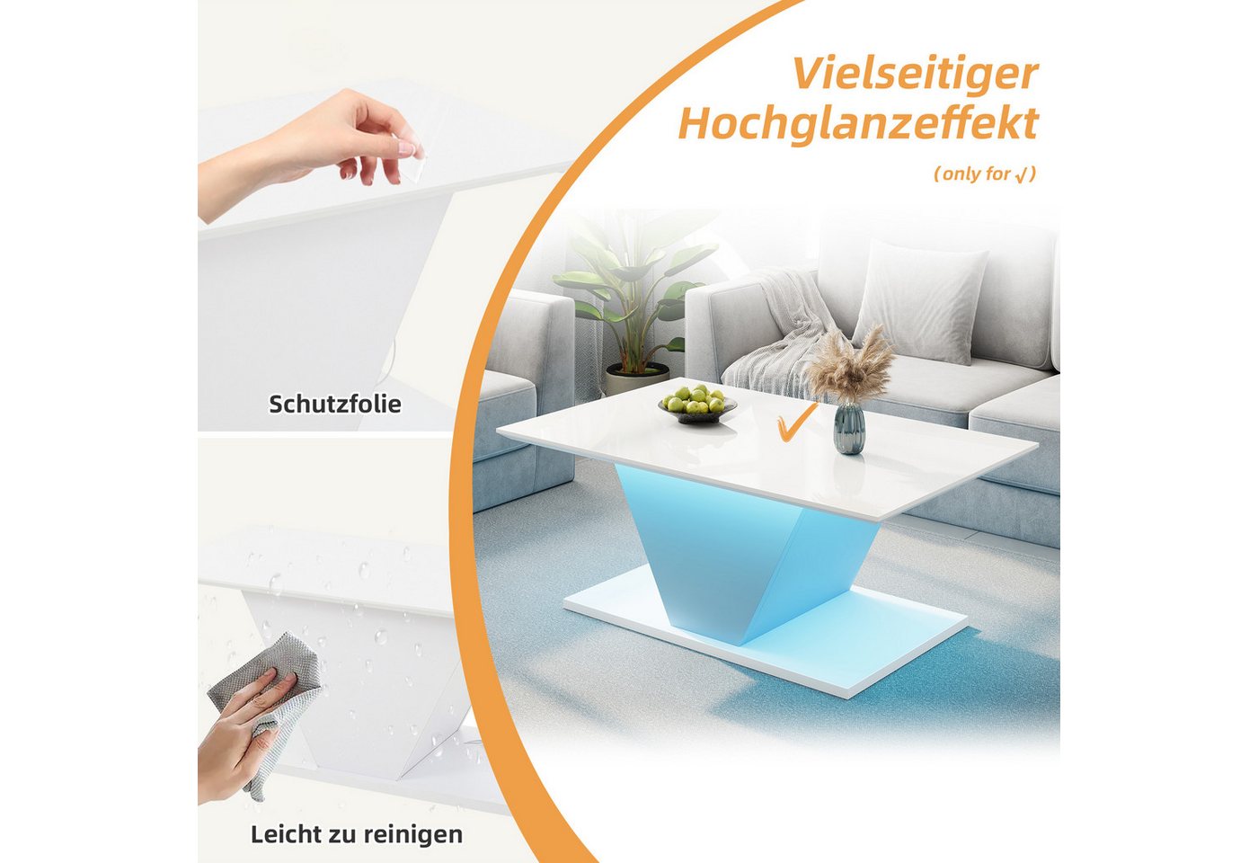 REDOM Couchtisch Hochglanzoberfläche, V-Design (Wohnzimmertisch, Beistelltisch, 1-St., 100*50*46cm), hochglänzende Kaffeetish mit LED-Leuchten – Bild 5 von 5