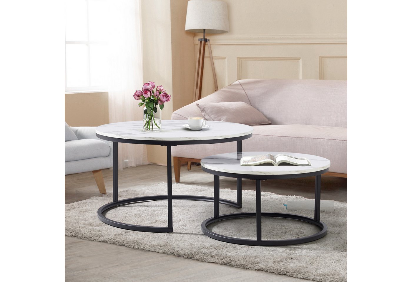 REDOM Couchtisch und 2er Set, Beistelltisch für Schlafzimmer Balkon (Runder Couchtisch, stabil und langlebig für stilvolles Wohnen, 2-St., 80x80x45 cm und 60x60 – Bild 2 von 5