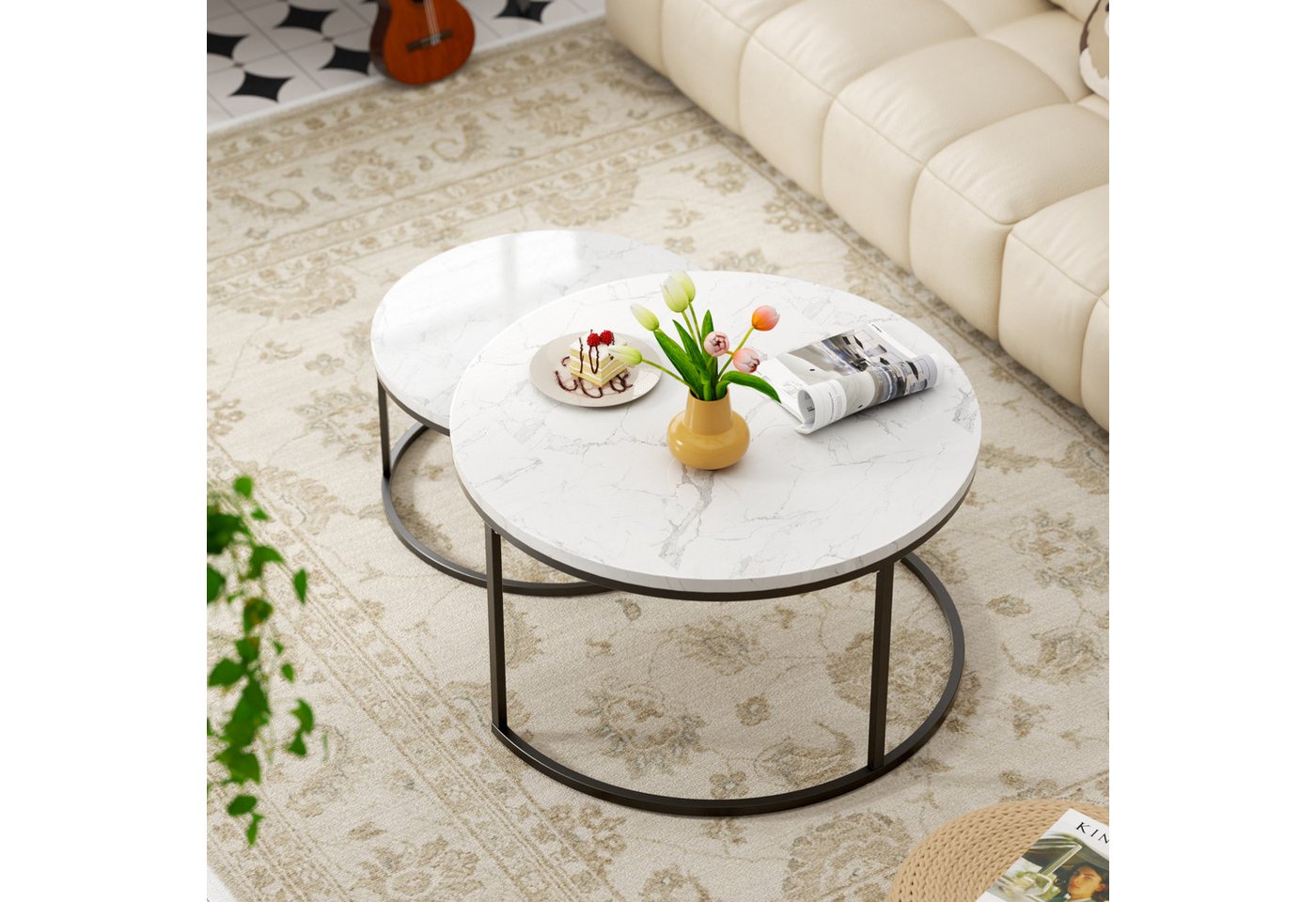 REDOM Couchtisch und 2er Set, Beistelltisch für Schlafzimmer Balkon (Runder Couchtisch, stabil und langlebig für stilvolles Wohnen, 2-St., 80x80x45 cm und 60x60 – Bild 3 von 5