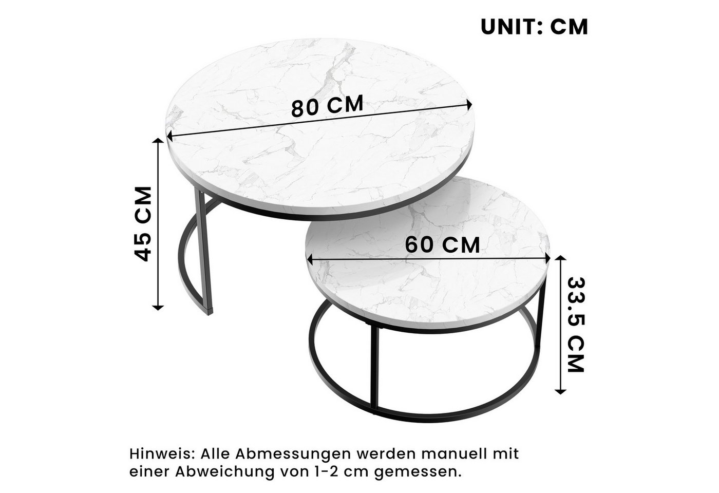 REDOM Couchtisch und 2er Set, Beistelltisch für Schlafzimmer Balkon (Runder Couchtisch, stabil und langlebig für stilvolles Wohnen, 2-St., 80x80x45 cm und 60x60 – Bild 5 von 5