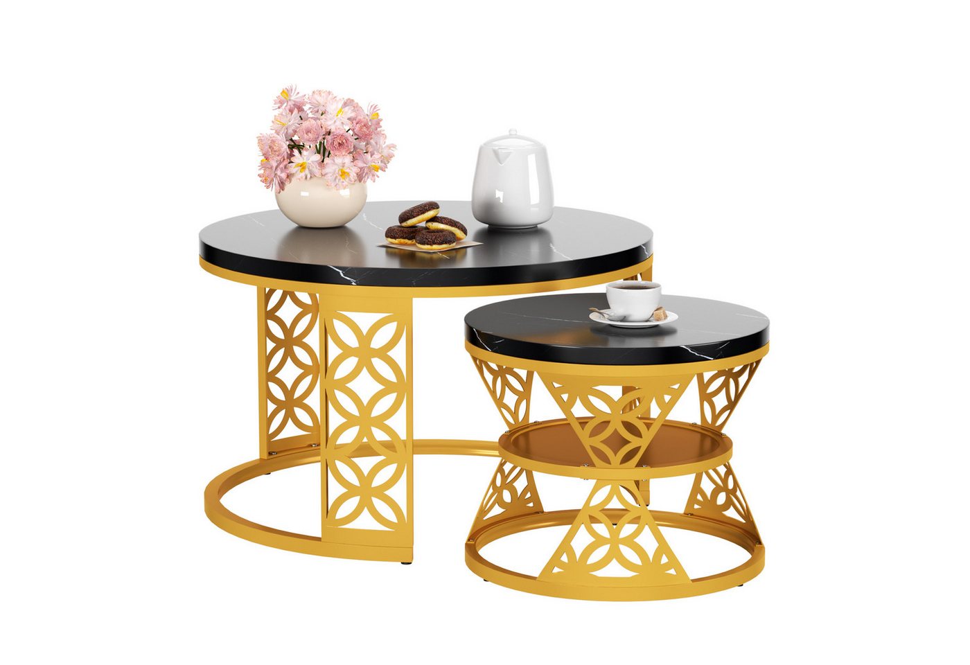REDOM Couchtisch und 2er Set, Beistelltisch für Schlafzimmer Balkon (Runder Couchtisch, stabil und langlebig für stilvolles Wohnen, 2-St., 70x70x45 cm und 45x45 – Bild 2 von 5