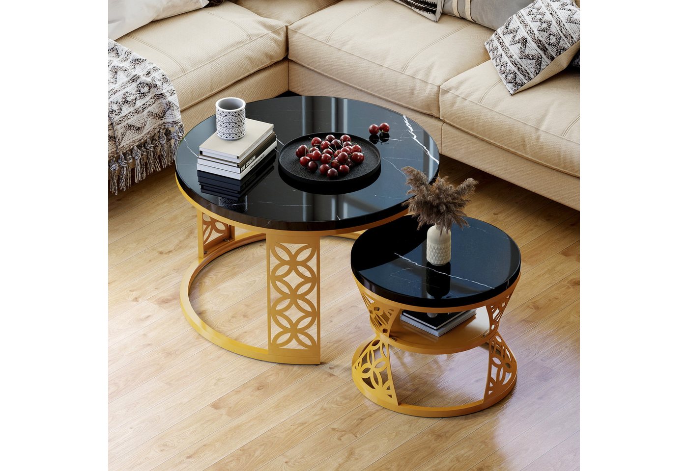 REDOM Couchtisch und 2er Set, Beistelltisch für Schlafzimmer Balkon (Runder Couchtisch, stabil und langlebig für stilvolles Wohnen, 2-St., 70x70x45 cm und 45x45 – Bild 3 von 5
