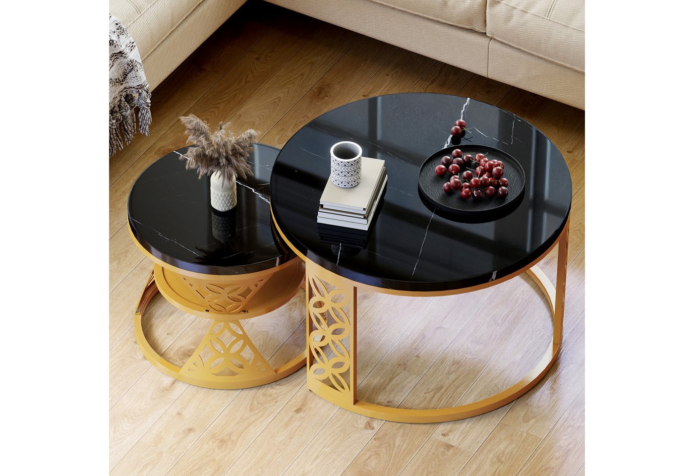 REDOM Couchtisch und 2er Set, Beistelltisch für Schlafzimmer Balkon (Runder Couchtisch, stabil und langlebig für stilvolles Wohnen, 2-St., 70x70x45 cm und 45x45 – Bild 4 von 5