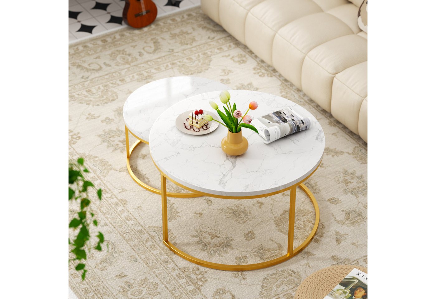 REDOM Couchtisch und 2er Set, Beistelltisch für Schlafzimmer Balkon (Runder Couchtisch, stabil und langlebig für stilvolles Wohnen, 2-St., 80x80x45 cm und 60x60 – Bild 2 von 5