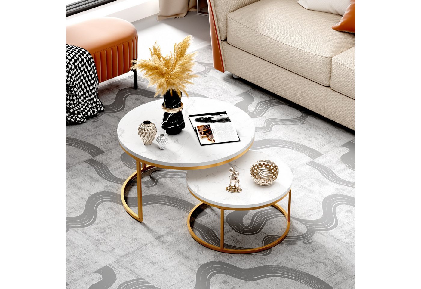 REDOM Couchtisch und 2er Set, Beistelltisch für Schlafzimmer Balkon (Runder Couchtisch, stabil und langlebig für stilvolles Wohnen, 2-St., 80x80x45 cm und 60x60 – Bild 3 von 5