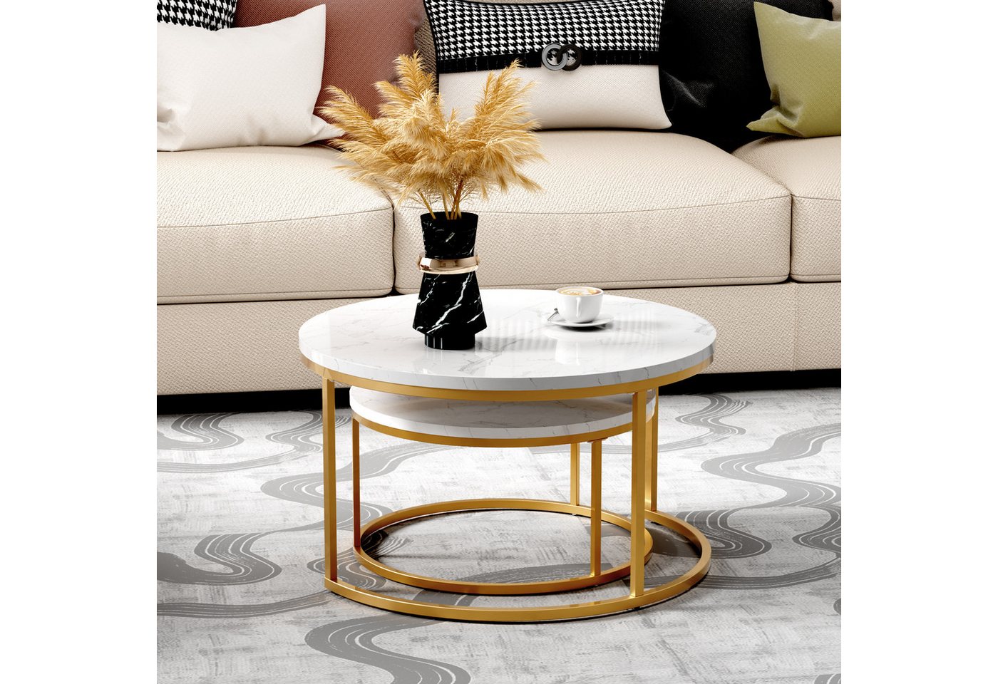 REDOM Couchtisch und 2er Set, Beistelltisch für Schlafzimmer Balkon (Runder Couchtisch, stabil und langlebig für stilvolles Wohnen, 2-St., 80x80x45 cm und 60x60 – Bild 4 von 5