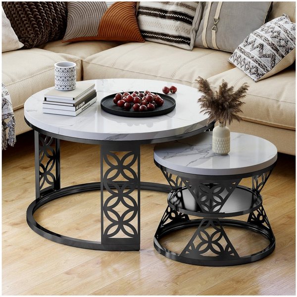 REDOM Couchtisch und 2er Set, Beistelltisch für Schlafzimmer Balkon (Runder Couchtisch, stabil und langlebig für stilvolles Wohnen, 2-St., 70x70x45 cm und 45x45
