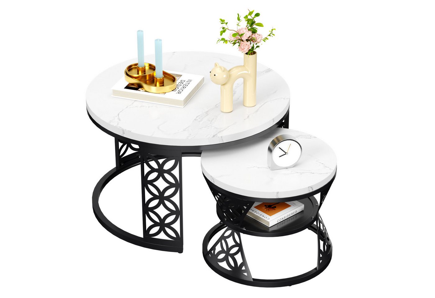 REDOM Couchtisch und 2er Set, Beistelltisch für Schlafzimmer Balkon (Runder Couchtisch, stabil und langlebig für stilvolles Wohnen, 2-St., 70x70x45 cm und 45x45 – Bild 2 von 5