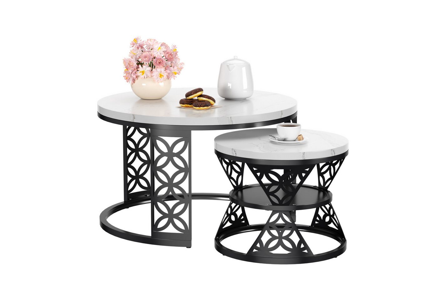 REDOM Couchtisch und 2er Set, Beistelltisch für Schlafzimmer Balkon (Runder Couchtisch, stabil und langlebig für stilvolles Wohnen, 2-St., 70x70x45 cm und 45x45 – Bild 3 von 5