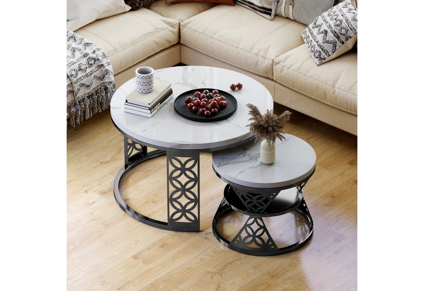 REDOM Couchtisch und 2er Set, Beistelltisch für Schlafzimmer Balkon (Runder Couchtisch, stabil und langlebig für stilvolles Wohnen, 2-St., 70x70x45 cm und 45x45 – Bild 4 von 5