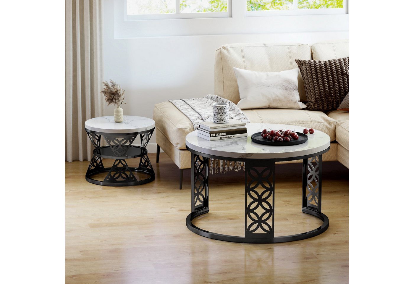 REDOM Couchtisch und 2er Set, Beistelltisch für Schlafzimmer Balkon (Runder Couchtisch, stabil und langlebig für stilvolles Wohnen, 2-St., 70x70x45 cm und 45x45 – Bild 5 von 5