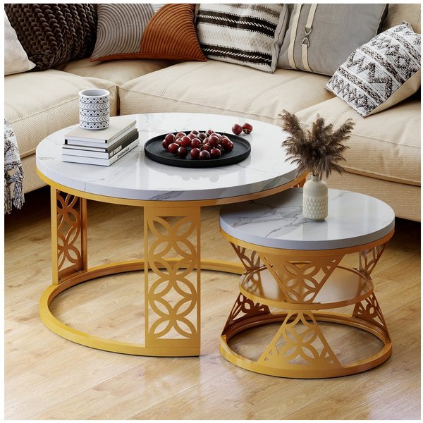 REDOM Couchtisch und 2er Set, Beistelltisch für Schlafzimmer Balkon (Runder Couchtisch, stabil und langlebig für stilvolles Wohnen, 2-St., 70x70x45 cm und 45x45