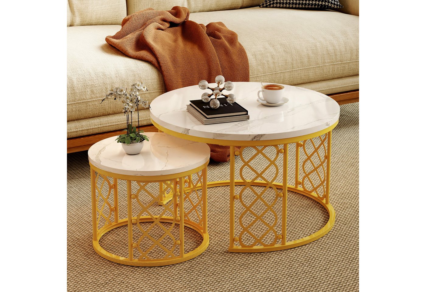REDOM Couchtisch und 2er Set, Beistelltisch für Schlafzimmer Balkon (Runder Couchtisch, stabil und langlebig für stilvolles Wohnen, 2-St., 70x70x45 cm und 45x45 – Bild 3 von 5