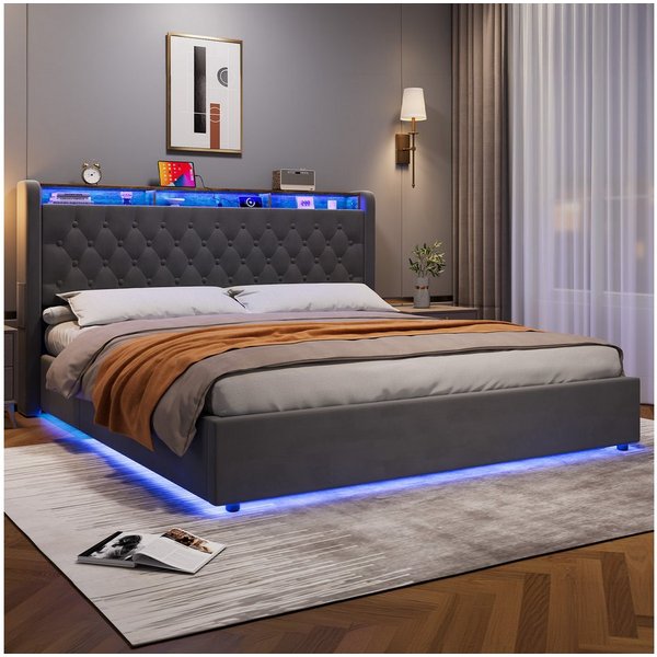 REDOM Polsterbett Hollandvelours-Bezug, mit Stauraum & Ablage (Funktionsbett, 1-tlg., Robuster Metallrahmen, Lattenrost inklusive, ohne Matratze), 180x200 cm mi