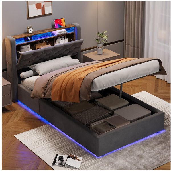 REDOM Polsterbett Hollandvelours-Bezug, mit Stauraum & Ablage (Funktionsbett, 1-tlg., Robuster Metallrahmen, Lattenrost inklusive, ohne Matratze), 90x200 cm mit