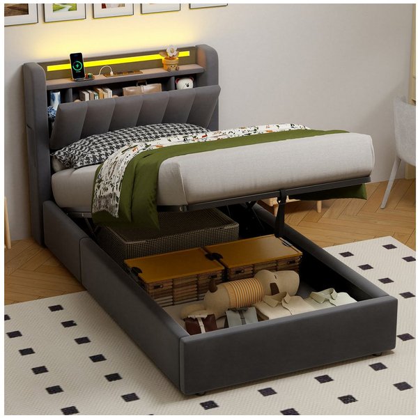 REDOM Polsterbett Hydraulisches Bett mit LED-Beleuchtung & USB-Ladestation (Funktionsbett, 1-tlg., 90x200 cm, inkl. Stauraum, Kopfteilregal & Samtbezug), Für ei